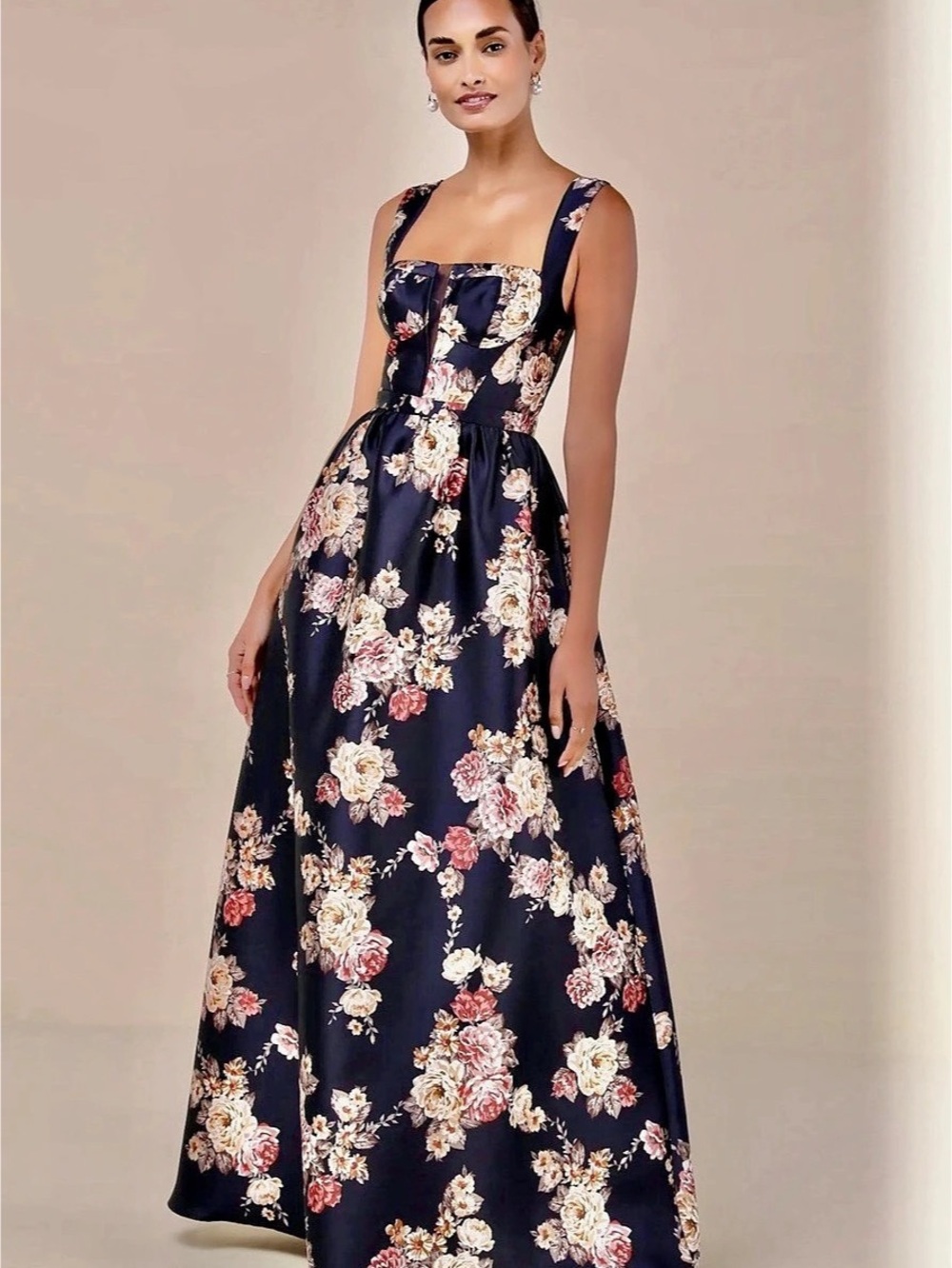 Elegant Pick Navy Blue Floral Sleeveless Bustier Maxi Dress